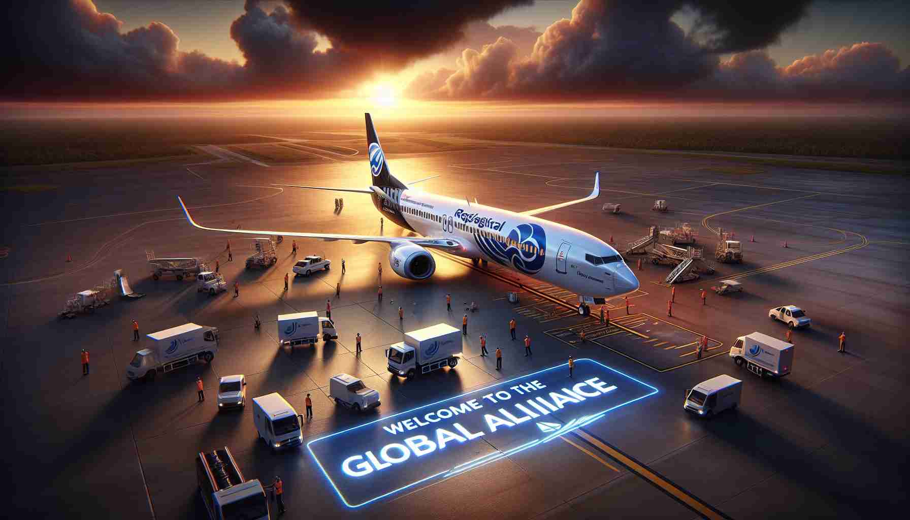 A realistic HD image capturing the exciting moment when a regional airline became part of a global alliance. The scene shows an aircraft painted with both the regional airline's logo and that of the global alliance, stationed on the tarmac against a dramatic sunset. Animated ground crew are seen preparing the plane for flight, expressing the hustle and bustle that comes with such momentous occasions. There's a digital banner in the foreground displaying a 'Welcome to the Global Alliance' message. This image encapsulates the union of regional and global aviation and the immense opportunities it represents for travelers.