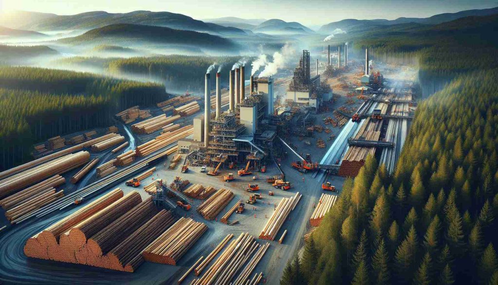 An ultra-high-definition photograph showcasing the booming timber industry located in Norway. The image captures the glistening sawmills, next to towering stacks of newly cut logs, indicative of record export growth. The lush Norwegian forest can be seen in the backdrop, while the foreground shows industry workers of different genders and descents, such as Hispanic, South Asian and Caucasian, actively involved in various stages of processing, denoting an inclusive work environment. The photo beautifully balances the industrial activity with the serene Nordic landscape, highlighting the sustainable nature of the operation.