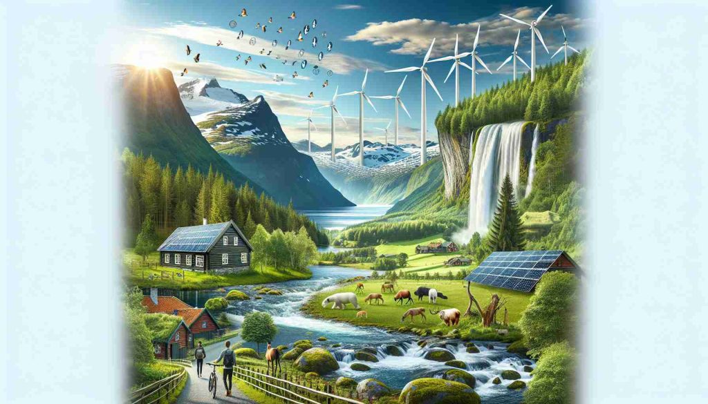 A realistic, high-definition image showing Norway's forward-thinking approach to sustainability. Picture a scenic Norwegian landscape with thriving green forests, crystal clear waterfalls flowing into sparkling fjords, and snow-capped mountains in the distance. Integrate symbols of renewable energy such as wind turbines gently rotating against the backdrop of the clear blue sky, and solar panels installed on traditional wooden houses. Show the variety of life in this environment with native Norwegian animals thriving in cohesion with these eco-friendly initiatives. Also, include some people from differing descents and genders, displaying the inclusive and diverse society, either walking or cycling along the path, promoting sustainable travel.