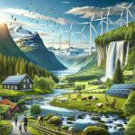 A realistic, high-definition image showing Norway's forward-thinking approach to sustainability. Picture a scenic Norwegian landscape with thriving green forests, crystal clear waterfalls flowing into sparkling fjords, and snow-capped mountains in the distance. Integrate symbols of renewable energy such as wind turbines gently rotating against the backdrop of the clear blue sky, and solar panels installed on traditional wooden houses. Show the variety of life in this environment with native Norwegian animals thriving in cohesion with these eco-friendly initiatives. Also, include some people from differing descents and genders, displaying the inclusive and diverse society, either walking or cycling along the path, promoting sustainable travel.