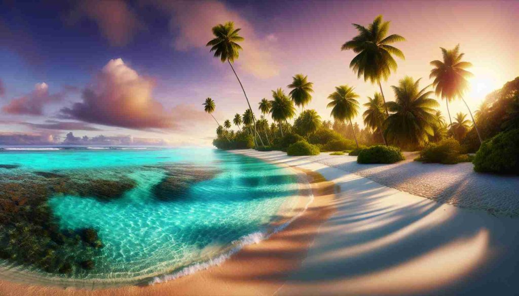 Create a realistic, high-definition image of a remote beach located on a Pacific Island. The scene should be a paradise-like setting with pristine white sandy beaches meeting crystal clear turquoise waters. Tropical palm trees provide scant shadow spots on the beach. On the horizon, the sky and the ocean merge seamlessly in hues of orange and purple, indicating an imminent sunset.