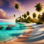 Create a realistic, high-definition image of a remote beach located on a Pacific Island. The scene should be a paradise-like setting with pristine white sandy beaches meeting crystal clear turquoise waters. Tropical palm trees provide scant shadow spots on the beach. On the horizon, the sky and the ocean merge seamlessly in hues of orange and purple, indicating an imminent sunset.