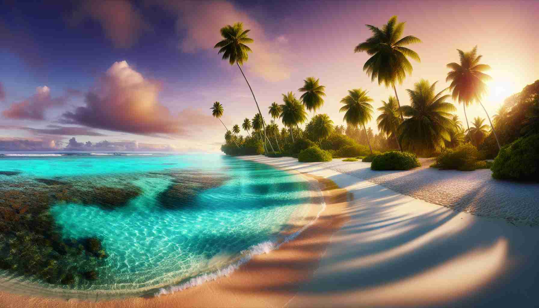 Create a realistic, high-definition image of a remote beach located on a Pacific Island. The scene should be a paradise-like setting with pristine white sandy beaches meeting crystal clear turquoise waters. Tropical palm trees provide scant shadow spots on the beach. On the horizon, the sky and the ocean merge seamlessly in hues of orange and purple, indicating an imminent sunset.