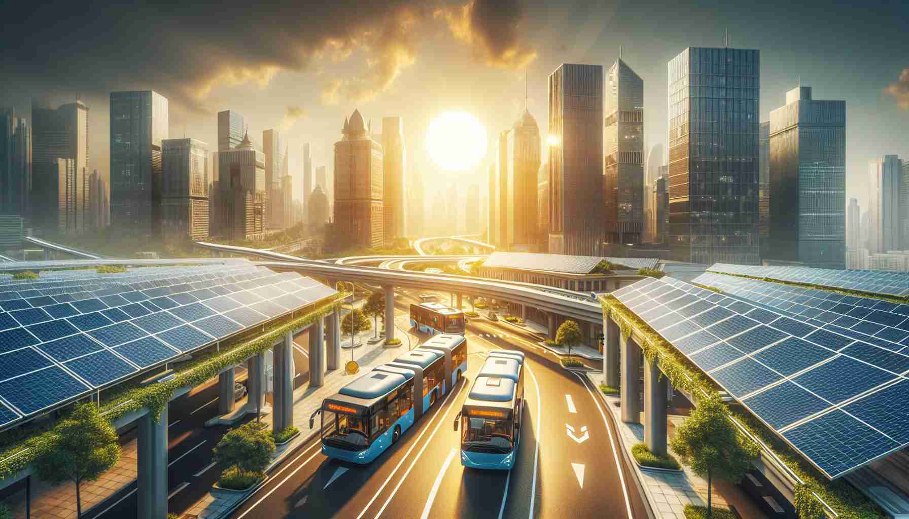 Create a realistic, high-definition picture highlighting the concept of leveraging solar energy for sustainable urban development. The scene should include a cityscape incorporating solar panels on roofs and skyscrapers. Public transportation, such as electric buses powered by solar energy, are also visible. In the background, the sun is shining brightly, symbolizing the source of renewable energy. The city emanates a vibrant and modern feel, symbolizing the sustainability potential of urban environments.