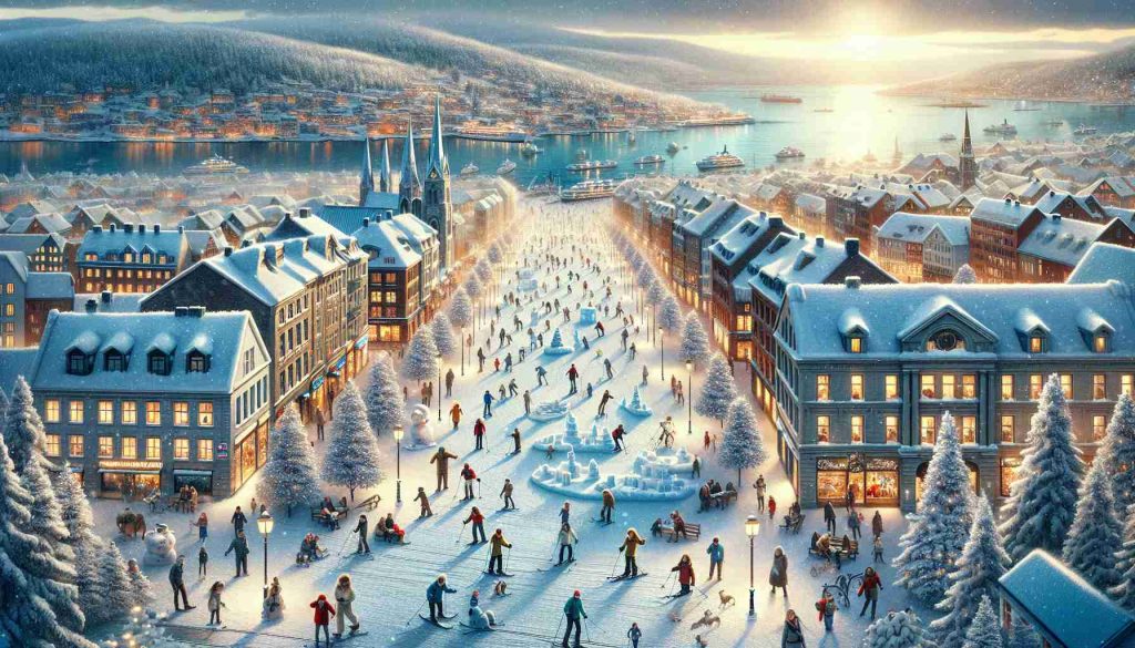 Create a realistic, high-definition image of a winter scene in the expansive city of Oslo. The landscape should be speckled with fresh, sparkling snow, covering cobblestone streets and traditional Norwegian architecture. Include people bundled up in warm clothing, embarking on various winter adventures, such as cross-country skiing, ice sculpture creation, and snowball fights. The streets are illuminated by the soft glow of street lights and store windows, giving off a cozy, inviting vibe. The backdrop consists of the Oslo Fjord glistening under the setting sun, completing the enchanting winter panorama.