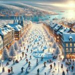 Create a realistic, high-definition image of a winter scene in the expansive city of Oslo. The landscape should be speckled with fresh, sparkling snow, covering cobblestone streets and traditional Norwegian architecture. Include people bundled up in warm clothing, embarking on various winter adventures, such as cross-country skiing, ice sculpture creation, and snowball fights. The streets are illuminated by the soft glow of street lights and store windows, giving off a cozy, inviting vibe. The backdrop consists of the Oslo Fjord glistening under the setting sun, completing the enchanting winter panorama.