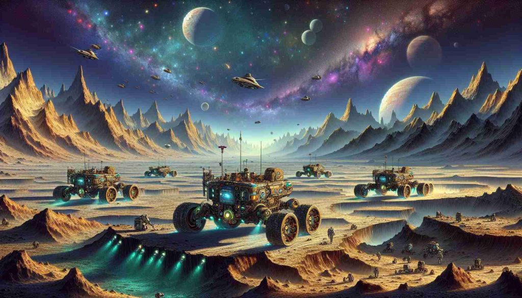 A high-definition, realistic illustration of a fictional event titled 'Rovermania 2024: A Journey Through Adventure and Exploration'. Picture this: a grand, futuristic landscape on an alien planet unseen by humans until now. A fleet of robotic rovers, diverse in their design, embarks on a journey across the rugged, rocky terrain marked by craters and grand mountains. Intricate details of each rover suggest highly advanced technology, and bright, colourful LED lights punctuate the otherwise stark, fantasy-like panorama of the non-earthly horizon. Include a detailed sky with unknown constellations and planets in the background