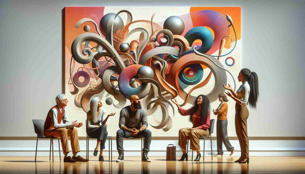 Generate a high-definition, realistic image that depicts a scene of contemporary art sparking conversation about human connection. The image could include viewers of different descents, such as a Caucasian man, a Black woman, a Middle-Eastern man, and a South Asian woman, engaging in animated discussion around abstract sculptures and paintings. All of them should reflect unique emotional responses to the artwork, underlining the universality of art's impact on the human spirit.