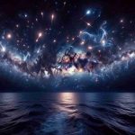 A high-definition, realistic image of a unique celestial journey as witnessed during an ocean voyage. The scene unfolds in the dark, open ocean under the starry night sky. A spectacular stellar dance is taking place, where thousands of stars appear to move and twirl in a mesmerizing pattern. Hints of distant galaxies are visible, and occasional shooting stars dart across the skyline, adding to the grand spectacle. Bathed in the soft, mystical glow of the moon and stars, the calm ocean reflects the celestial display, creating a mirror image on its surface.