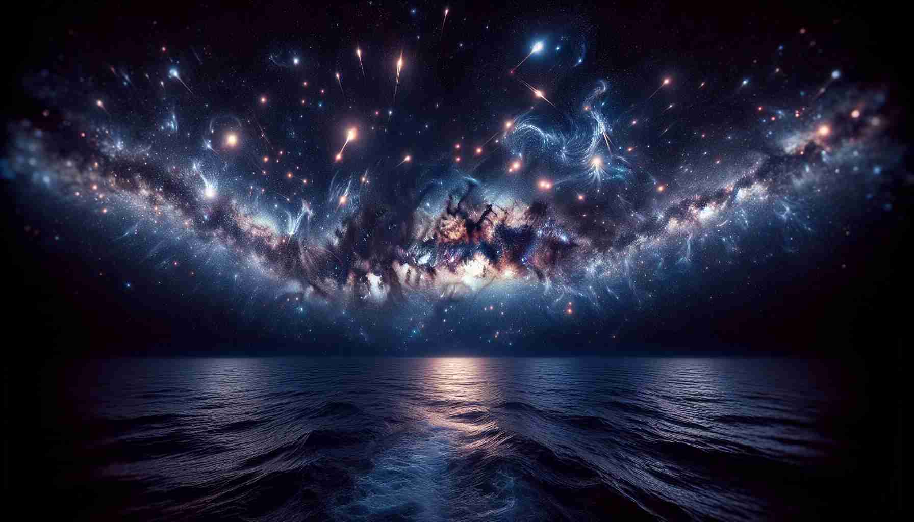 A high-definition, realistic image of a unique celestial journey as witnessed during an ocean voyage. The scene unfolds in the dark, open ocean under the starry night sky. A spectacular stellar dance is taking place, where thousands of stars appear to move and twirl in a mesmerizing pattern. Hints of distant galaxies are visible, and occasional shooting stars dart across the skyline, adding to the grand spectacle. Bathed in the soft, mystical glow of the moon and stars, the calm ocean reflects the celestial display, creating a mirror image on its surface.