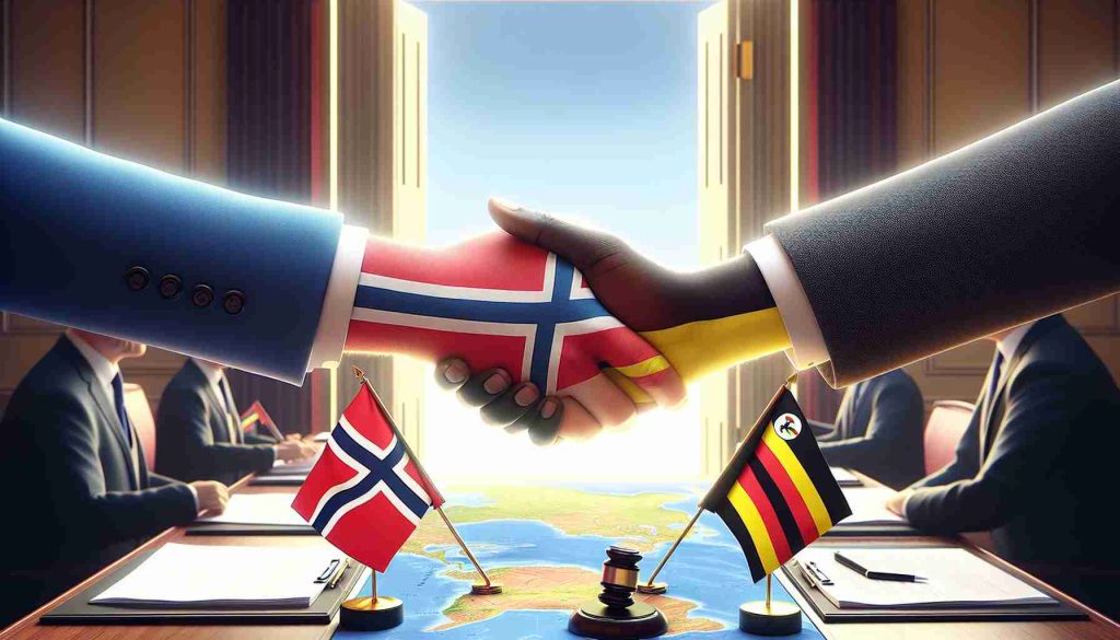 A high-definition, realistic image depicting the optimistic future of Norwegian-Ugandan relations despite the embassy closure. Convey this through symbols of cooperation and unity between the two countries, such as hands of a Norwegian and Ugandan person reaching out to each other, flags peacefully co-existing, or diplomats engaged in positive dialogue over a map. The closed embassy door can be in the background to symbolize the past hurdle they've overcome. Please avoid any real individuals or identifiable persons in the image.