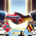 A high-definition, realistic image depicting the optimistic future of Norwegian-Ugandan relations despite the embassy closure. Convey this through symbols of cooperation and unity between the two countries, such as hands of a Norwegian and Ugandan person reaching out to each other, flags peacefully co-existing, or diplomats engaged in positive dialogue over a map. The closed embassy door can be in the background to symbolize the past hurdle they've overcome. Please avoid any real individuals or identifiable persons in the image.