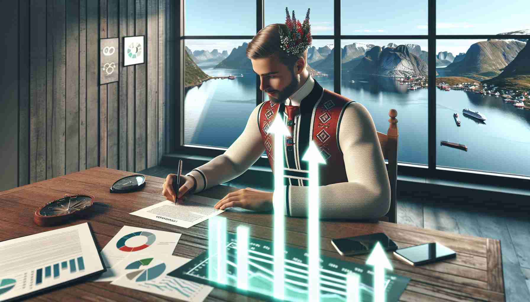 A realistic and high-definition digital photograph representing the growth of a unamed company in Norway. The image showcases a metaphorical contract signing scene with an executive official in traditional Norwegian attire sitting at an wooden desk, putting pen to paper significance of future growth. The scene unfolds in a Nordic styled office, complete with a large panoramic window showing a captivating fjord view. Relevant futuristic growth symbols or charts might be subtly integrated into the office decor.