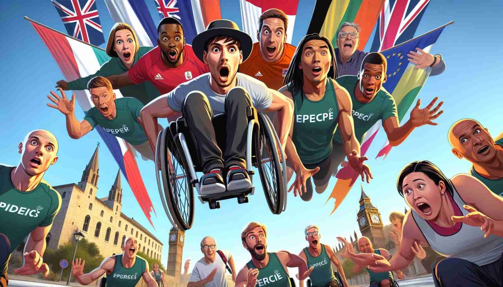 Produce a HD, realistic image of an unexpected situation occurring around a group of Paralympic athletes from varied descent - including Caucasian, Hispanic, Asian, Black, Middle-Eastern and South Asian, of different genders, as they engage in a thrilling adventure across several iconic European landscapes. The image should depict expressions of surprise, determination, and camaraderie amongst the team members.