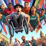 Produce a HD, realistic image of an unexpected situation occurring around a group of Paralympic athletes from varied descent - including Caucasian, Hispanic, Asian, Black, Middle-Eastern and South Asian, of different genders, as they engage in a thrilling adventure across several iconic European landscapes. The image should depict expressions of surprise, determination, and camaraderie amongst the team members.