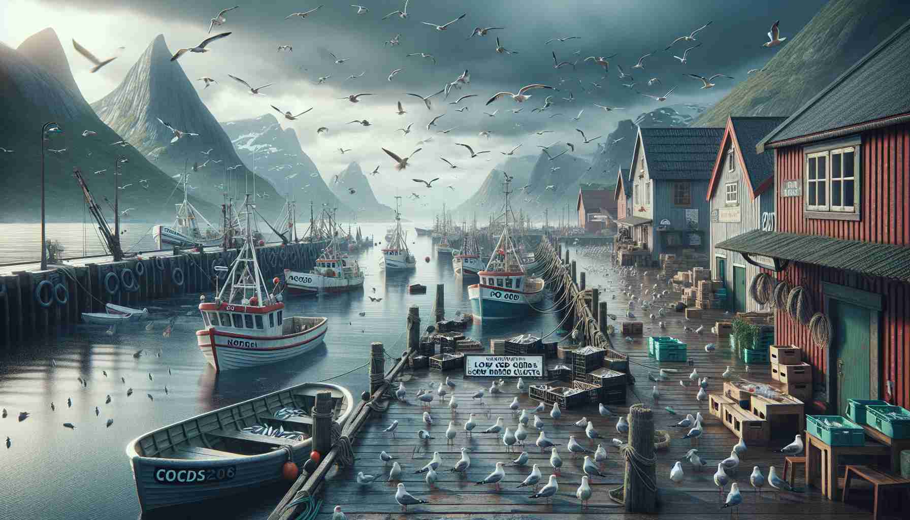 Generate a high-definition, hyper-realistic image depicting the effect of lowered cod quotas on Norwegian fisheries. Showcase a harbor full of idle fishing boats with seagulls swarming overhead, an unopened fish market with a sign mentioning cod and a few fishermen nearby discussing the new quotas pointing at the empty nets. The setting should be in the afternoon, under a cloudy sky, imbuing a sense of worry and uncertainty. Make sure to capture the stunning fjords and vast seascape in the background, characteristic of Norwegian coastline.