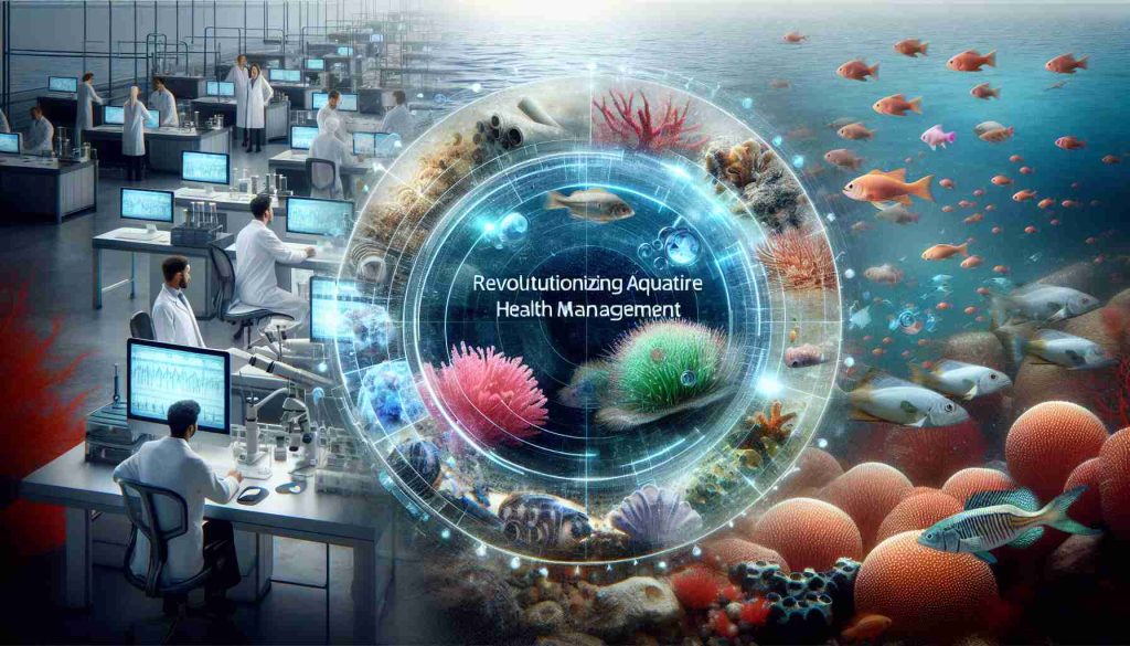 A realistic high definition image depicting the concept of revolutionizing aquaculture health management. This could include modern technology like computers, artificial intelligence, and monitoring devices in a marine setting where we have different species of fish, corals, and other aquatic life. The focus is on health so there could be images suggesting medical care for aquatic life - perhaps microscopic images of healthy cells or showing a fish being safely medicated. The setting could also include aquaculture scientists, a mix of both genders and from various racial backgrounds, actively working on research and advancement in the field.