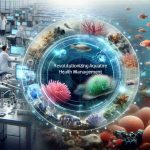 A realistic high definition image depicting the concept of revolutionizing aquaculture health management. This could include modern technology like computers, artificial intelligence, and monitoring devices in a marine setting where we have different species of fish, corals, and other aquatic life. The focus is on health so there could be images suggesting medical care for aquatic life - perhaps microscopic images of healthy cells or showing a fish being safely medicated. The setting could also include aquaculture scientists, a mix of both genders and from various racial backgrounds, actively working on research and advancement in the field.