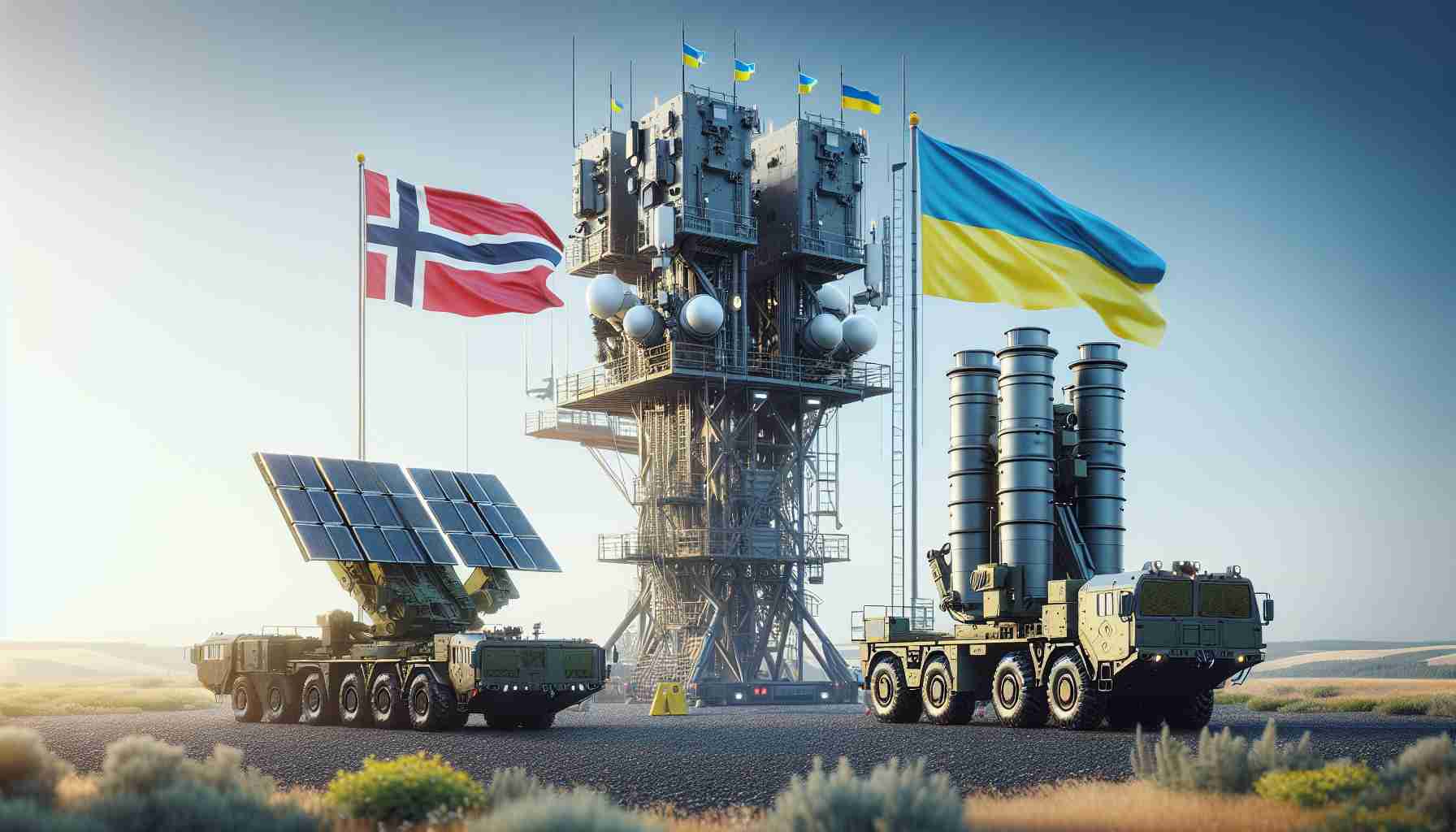 A high-definition, realistic image showcasing the contribution of Norway to the air defence system in Ukraine. The scene depicts advanced radar and missile systems, with Norwegian and Ukrainian flags flying high and proud. It's a clear day, and the machinery stands majestically against the backdrop of a wide, open space, possibly indicating a training ground or an installation base. Maintain focus on the cutting-edge technology, emphasizing the collaboration between the two countries in a non-offensive, respectful manner.