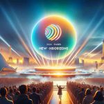 Generate a realistic, high-definition image depicting the unveiling of the theme 'New Horizons' at the 2024 Paris event, captioned 'Beyond the Competition'. The scene should be vibrant and atmospheric, capturing the awe of the audience. The logo inspired by the theme should be front and center, showcasing innovative designs that truly represent the spirit of 'New Horizons'. In the background, iconic Parisian landmarks such as the Eiffel Tower and the Louvre Pyramid should be subtly incorporated to set the location. Note: none of the people in the audience should be distinctly recognizable.