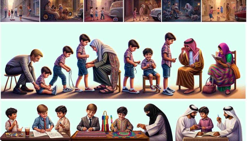 An HD realistic photo showcasing the progression of childhood independence across various cultures. The image should include a sequence of episodes where children are taking on increasing responsibilities. In one corner, depict a Caucasian boy in the US learning to tie his shoes for the first time. On another side, show an Hispanic girl from Mexico setting up her small table to sell handcrafted items. Also, portray a Middle-Eastern boy from UAE preparing to handle a family-owned business. Lastly, include a South Asian girl from India playing teacher while helping her younger siblings do homework.