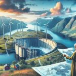 A detailed image that showcases the exploration of sustainable energy policy methods in Norway. It should be hyperrealistic and in high definition. The scene might include wind turbines on the rolling hills, illustrating wind energy. Hydroelectric power could be symbolized with a large dam on a river with flowing water. The importance of policymaking could be represented by a person studying a large map or blueprint of these structures. The person can be a South Asian woman to provide inclusivity in the frame. The backdrop should be the stunning Norwegian landscape with fjords and mountains.