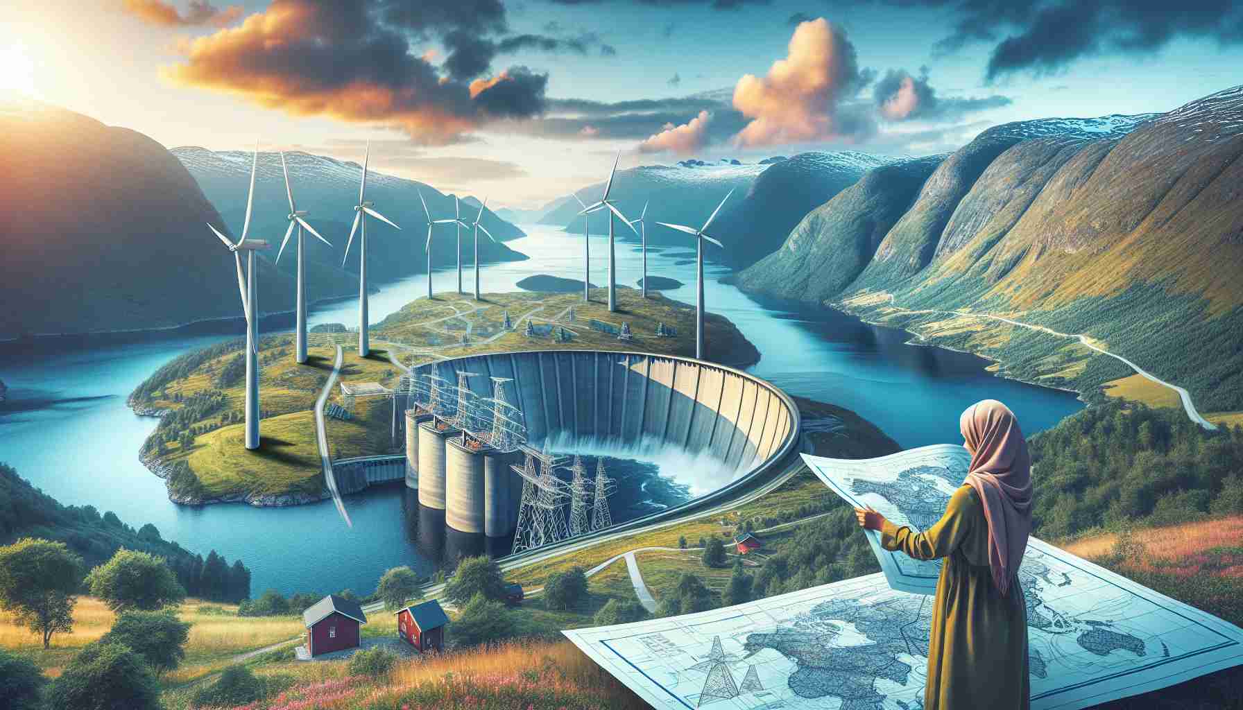 A detailed image that showcases the exploration of sustainable energy policy methods in Norway. It should be hyperrealistic and in high definition. The scene might include wind turbines on the rolling hills, illustrating wind energy. Hydroelectric power could be symbolized with a large dam on a river with flowing water. The importance of policymaking could be represented by a person studying a large map or blueprint of these structures. The person can be a South Asian woman to provide inclusivity in the frame. The backdrop should be the stunning Norwegian landscape with fjords and mountains.