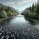 A high-definition, realistic image portraying the issue of wild salmon population decline in the rivers of Norway. The image should reflect the rich biodiversity of the Norwegian river ecosystem turning sparse, with a particular focus on the dwindling number of wild salmon. In the river, some scattered salmon swimming upstream can be visible. The backdrop should feature a typical Norwegian landscape with mountains in the distance and dense forests lining the river. The overall tone of the image should evoke a sense of concern and urgency for the decrease in the salmon population.