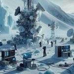 HD, realistic image depicting the revolution of communications in the Arctic region. Showing various modern devices such as satellites, antennas and computers, in the midst of a frozen, desolate landscape covered with ice and snow. The image should convey the contrast between the harsh, cold environment and the high-tech communications equipment. Additionally, include some people operating the equipment, such as a South Asian female engineer working on a snow-covered antenna and a Black male technician carrying out repairs on a satellite system.