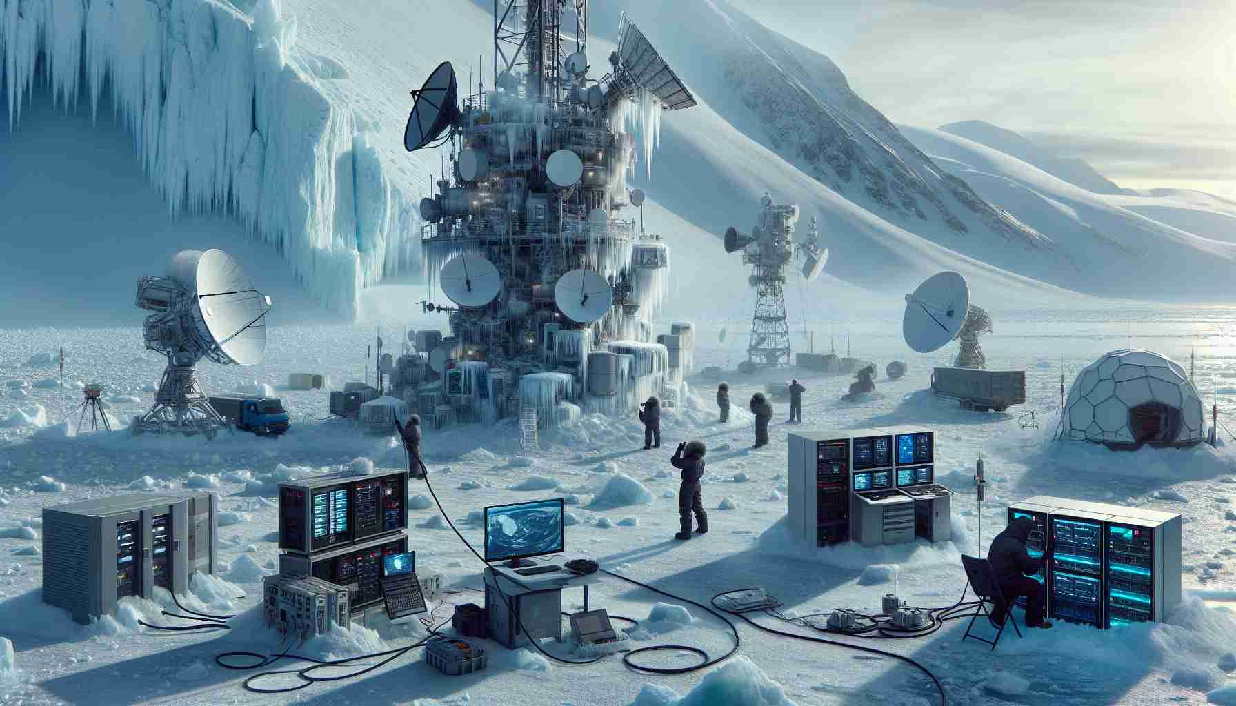 HD, realistic image depicting the revolution of communications in the Arctic region. Showing various modern devices such as satellites, antennas and computers, in the midst of a frozen, desolate landscape covered with ice and snow. The image should convey the contrast between the harsh, cold environment and the high-tech communications equipment. Additionally, include some people operating the equipment, such as a South Asian female engineer working on a snow-covered antenna and a Black male technician carrying out repairs on a satellite system.