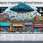 Generate a realistically rendered high-definition picture depicting a newspaper article titled 'Impacts of Unpredictable Weather on Local Businesses'. The article includes an illustration of diverse local businesses like a café, a clothing store, and a convenience store under a lifting storm cloud, representing unpredictable weather. The text of the article is filled with neatly organized columnar text along with a headline, subheadings, and a few bullet points.