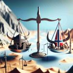 A detailed and high-definition display of a symbolic illustration representing Norway facing a diplomatic challenge with the Middle East. The scene could capture a balance scale signifying diplomacy, with Norwegian and Middle Eastern elements on either side. Norwegian characteristics could include a fjord, snowy mountains, and a Viking helmet to reference its historical past. The Middle East side could show desert dunes, an oasis, and historical architecture like a mosque dome. The scene should capture the tension and ambiance of a diplomatic dispute.