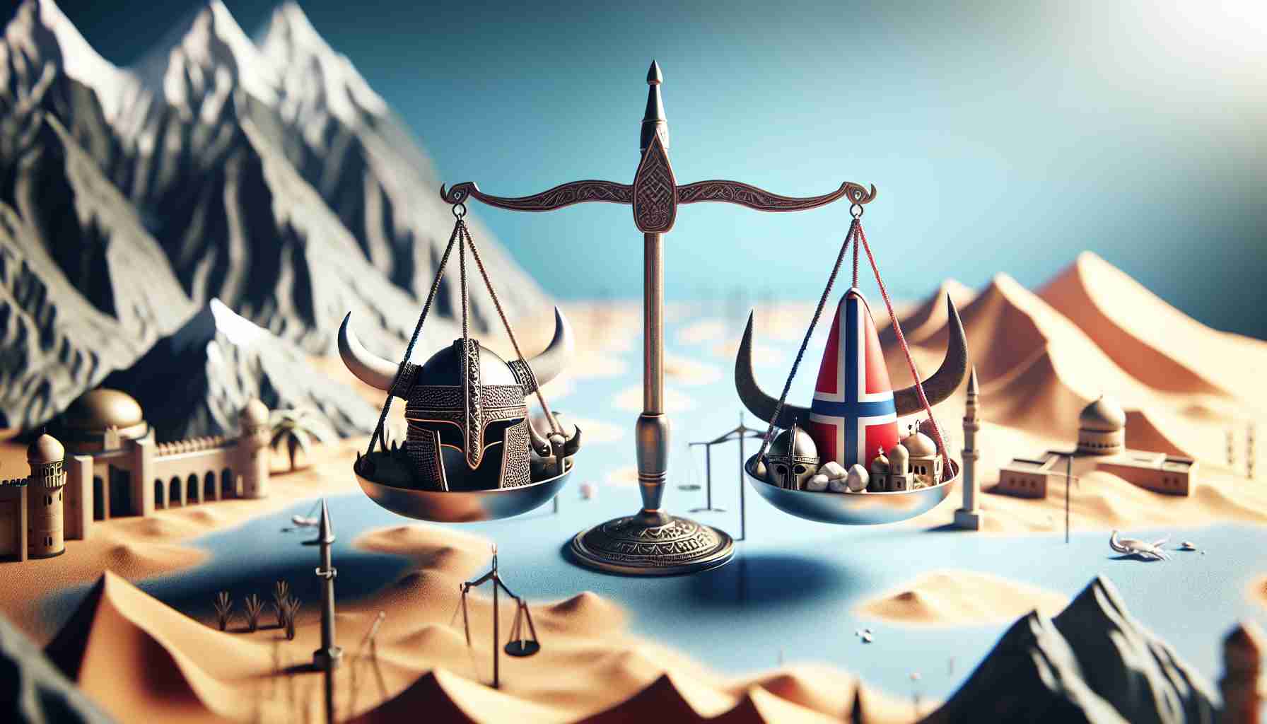 A detailed and high-definition display of a symbolic illustration representing Norway facing a diplomatic challenge with the Middle East. The scene could capture a balance scale signifying diplomacy, with Norwegian and Middle Eastern elements on either side. Norwegian characteristics could include a fjord, snowy mountains, and a Viking helmet to reference its historical past. The Middle East side could show desert dunes, an oasis, and historical architecture like a mosque dome. The scene should capture the tension and ambiance of a diplomatic dispute.