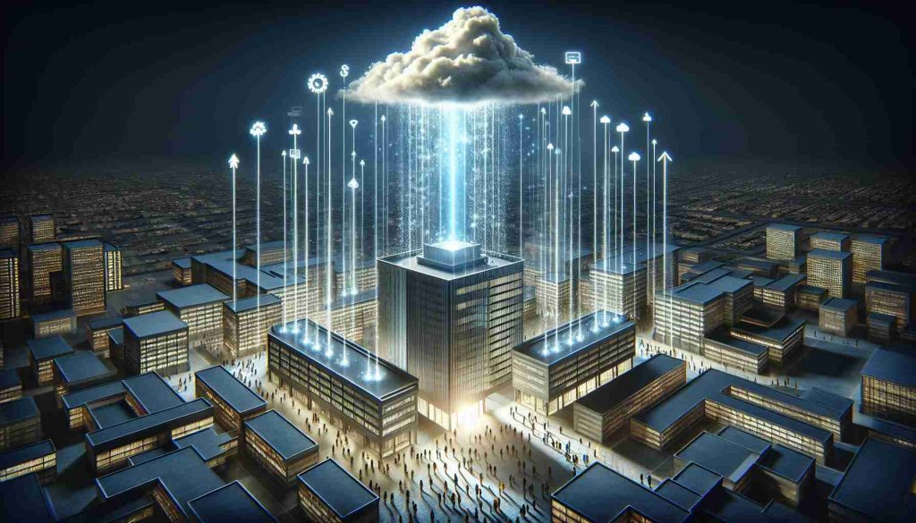 A high-definition, realistic illustration showing the concept of revolutionizing customer engagement through innovative cloud solutions. Visualize this as a cloud floating above, releasing multiple streams of light down onto a corporate office building. The light represents innovative solutions, touching different parts of the building, symbolizing various aspects of customer engagement. The office building is modern and sleek in its architecture, embodying the essence of a forward-thinking organization. People in the building could portray various descents and genders, showing an inclusive and diverse workforce collaborating to implement that solution.