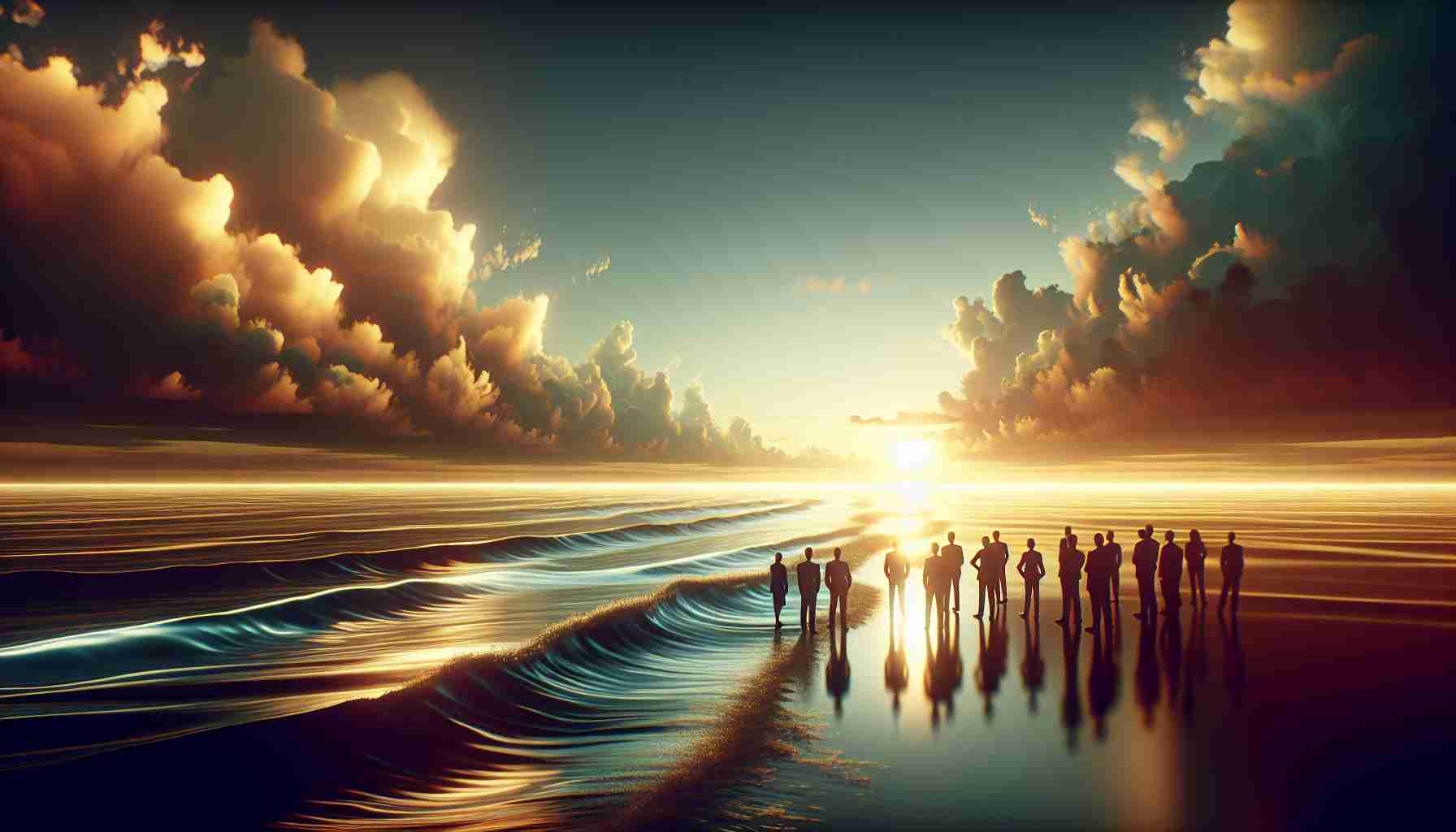 A hyper-realistic high-definition representation of an abstract concept. Imagine an expansive ocean bathed in the soft glow of the setting sun. The waves gently undulate, reflecting the warm hues. A few people of diverse descents and genders stand on the shore, looking towards the horizon. They're dressed in businesswear, signifying they are a leadership team. The mood is calm yet decisive, symbolising an organisation's expanding influence and growing determination. Their silhouettes are strategically lined-up, echoing a sense of unity, shared vision and collaborative power. This is the impressionistic metaphor of 'Ocean Sun Expands Leadership Team'.