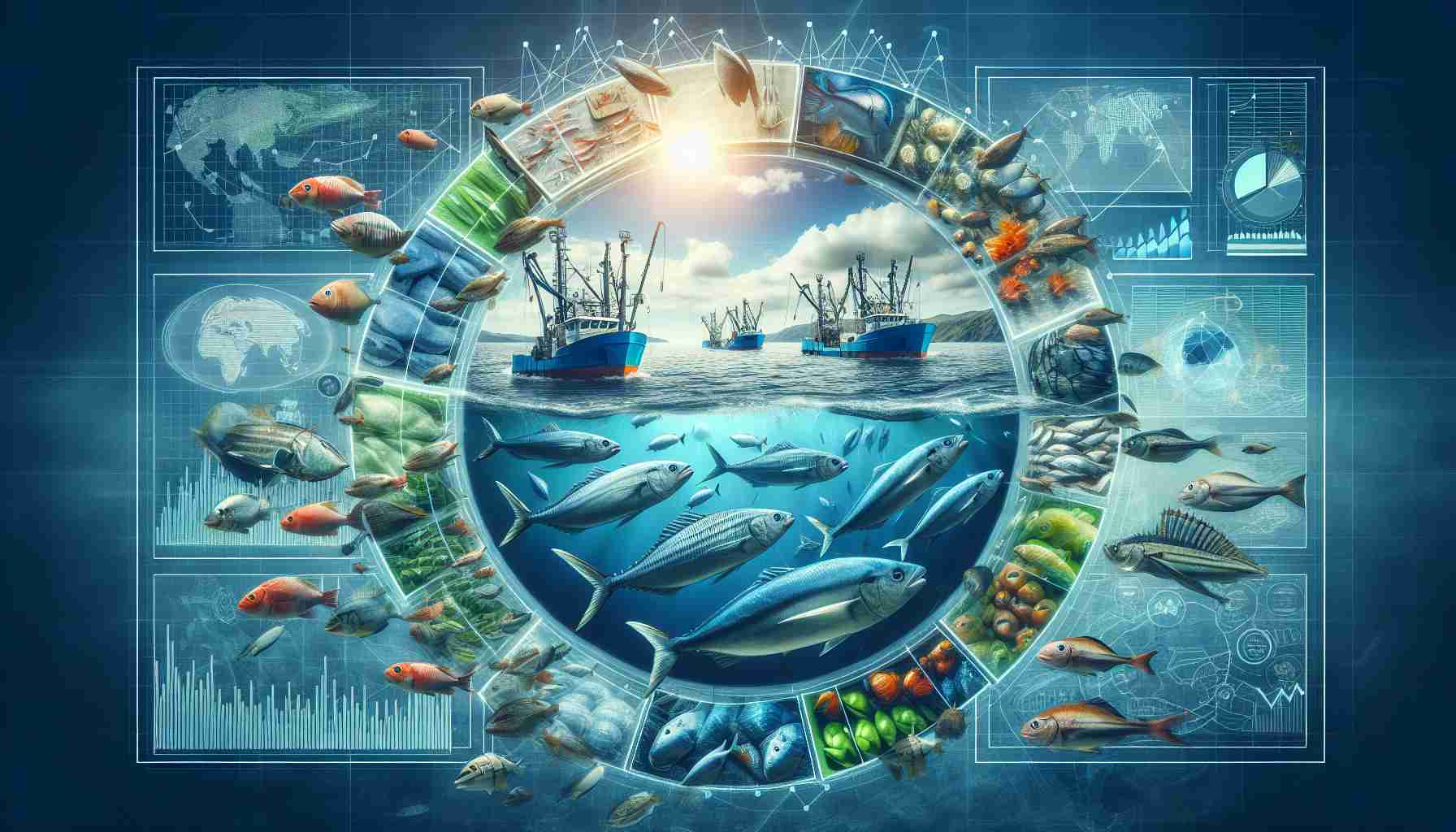 An HD image representing the state of the seafood industry showing its changing trends. It could include imagery of sustainable fishing practices, advanced technology in fishing gear, and the globalization of seafood markets. To depict the industry's diversification, feature fishes from the North Atlantic and the South Pacific. The image should also hint towards a greater emphasis on traceability and quality. Perhaps some sort of infographic or chart can be integrated into the scene to provide statistical data on the industry's growth and transformation over the years.