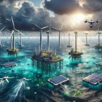 An intricately detailed, high-definition photo portraying the concept of offshore sustainability being enhanced through innovative technology. The scene includes environmentally friendly wind turbines spinning in the breeze across the ocean, solar panels attached to floating platforms harnessing the sun's energy, and aquatic drones monitoring marine life. Dark clouds in the sky are indicative of an impending storm, but perseverance and resilience of the structures convey the strength of these sustainable technologies against nature's challenges.