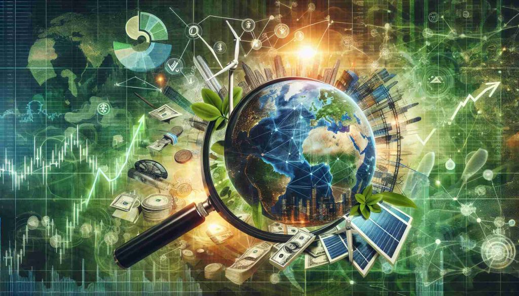 Create an intricately detailed and high-definition image illustrating the concept of exploring the impact of sustainable investment funds. The central theme should center around an inspection magnifying glass over a large green globe. Layer this imagery over a vibrant financial background filled with stock market charts, graphs and money indicating growth. Include images of renewable energy sources like wind turbines, solar panels, and hydroelectric power plants, symbolizing sustainable investments. Interconnect these elements with arrows and dotted lines, creating a sense of connection and interdependence.