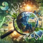 Create an intricately detailed and high-definition image illustrating the concept of exploring the impact of sustainable investment funds. The central theme should center around an inspection magnifying glass over a large green globe. Layer this imagery over a vibrant financial background filled with stock market charts, graphs and money indicating growth. Include images of renewable energy sources like wind turbines, solar panels, and hydroelectric power plants, symbolizing sustainable investments. Interconnect these elements with arrows and dotted lines, creating a sense of connection and interdependence.