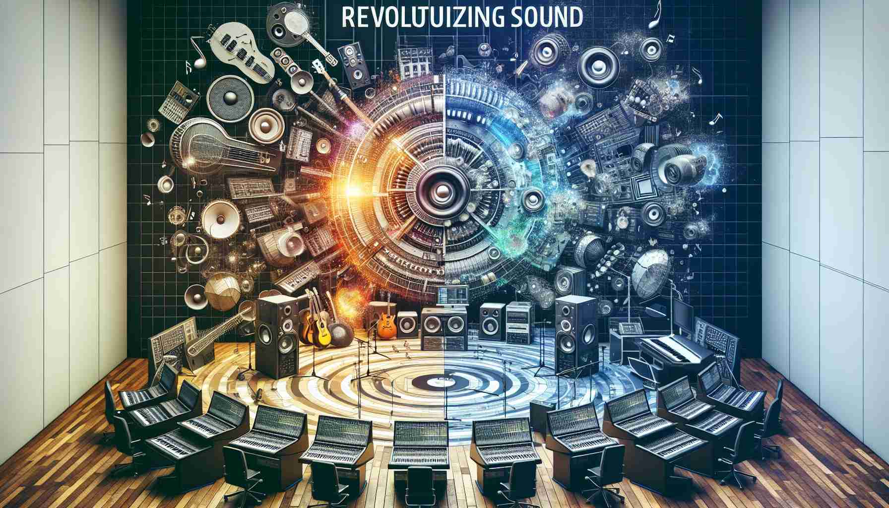 Generate a detailed and vivid image that encapsulates the concept of revolutionizing sound. It should feature a nondescript audio production studio demonstrating innovation with complex sound systems, cutting-edge acoustics, and a myriad of musical instruments, emphasizing on a synergy symbolizing partnership. Note the image should be in a high definition real-world setting.