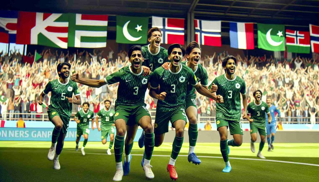 High-definition image depicting a scene of emerging soccer talents during the Norway Cup 2024. Picture this: the players, a mix of joyful Pakistani men and women, are celebrating a victorious match on the green turf. Their uniforms are a vibrant shade of green with white details, symbolizing Pakistan's national colors. Their faces are lit with excitement and determination, showcasing their youthful energy and passion for the sport. The crowd cheers in the background, flags from various nations flapping in the cool Norwegian breeze.