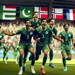 High-definition image depicting a scene of emerging soccer talents during the Norway Cup 2024. Picture this: the players, a mix of joyful Pakistani men and women, are celebrating a victorious match on the green turf. Their uniforms are a vibrant shade of green with white details, symbolizing Pakistan's national colors. Their faces are lit with excitement and determination, showcasing their youthful energy and passion for the sport. The crowd cheers in the background, flags from various nations flapping in the cool Norwegian breeze.