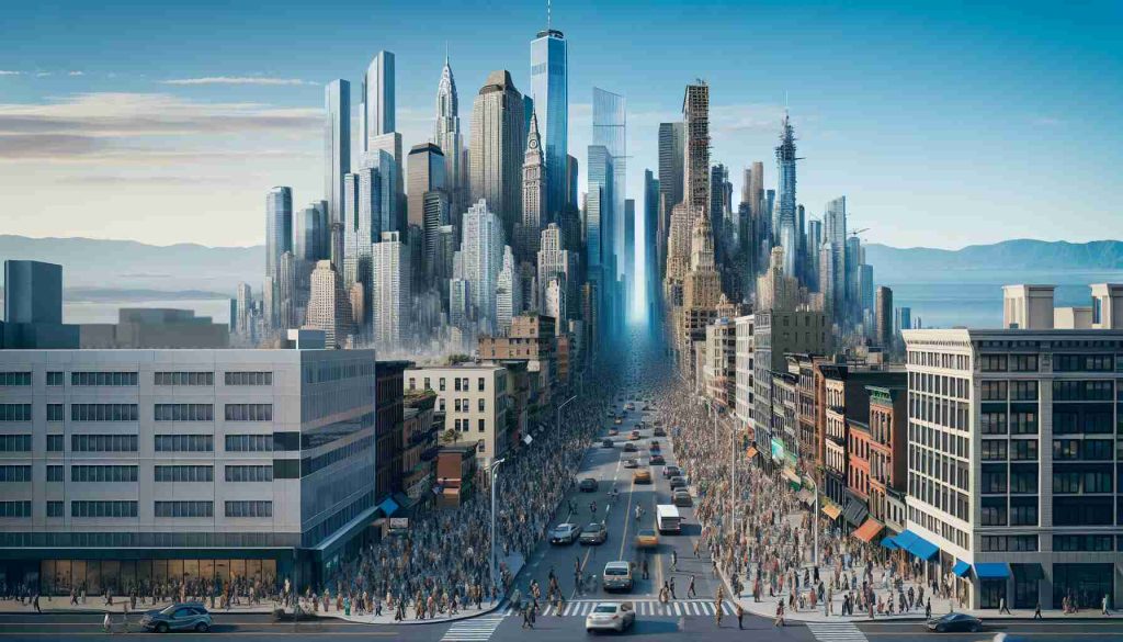 Generate a realistic, high-definition image showcasing the evolution or transformation of a city's financial district. The scene should depict high rising buildings, modern architectures merging with traditional structures, busy streets filled with people of varying descents such as Caucasian, Hispanic, Black, Middle-Eastern, South Asian, and East Asian. The foreground should focus on changing infrastructures, while the background can reveal distant mountains, indicating the geographical location of the city.