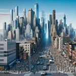 Generate a realistic, high-definition image showcasing the evolution or transformation of a city's financial district. The scene should depict high rising buildings, modern architectures merging with traditional structures, busy streets filled with people of varying descents such as Caucasian, Hispanic, Black, Middle-Eastern, South Asian, and East Asian. The foreground should focus on changing infrastructures, while the background can reveal distant mountains, indicating the geographical location of the city.