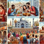 Detailed and high-definition image of an exploration tour experiencing cultural contrasts around the world. Show a group of tourists visiting a traditional market in the Middle East, a Caucasian man trying street food in an Asian country, a Black woman admiring old architectural buildings in Europe, and a Hispanic group enjoying a music festival in Africa. Each scene should be distinctively representative of the culture it portrays. Also include elements like tour guides, local people, and various landscapes.