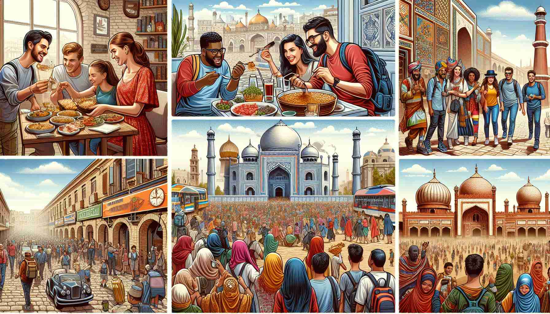 Detailed and high-definition image of an exploration tour experiencing cultural contrasts around the world. Show a group of tourists visiting a traditional market in the Middle East, a Caucasian man trying street food in an Asian country, a Black woman admiring old architectural buildings in Europe, and a Hispanic group enjoying a music festival in Africa. Each scene should be distinctively representative of the culture it portrays. Also include elements like tour guides, local people, and various landscapes.