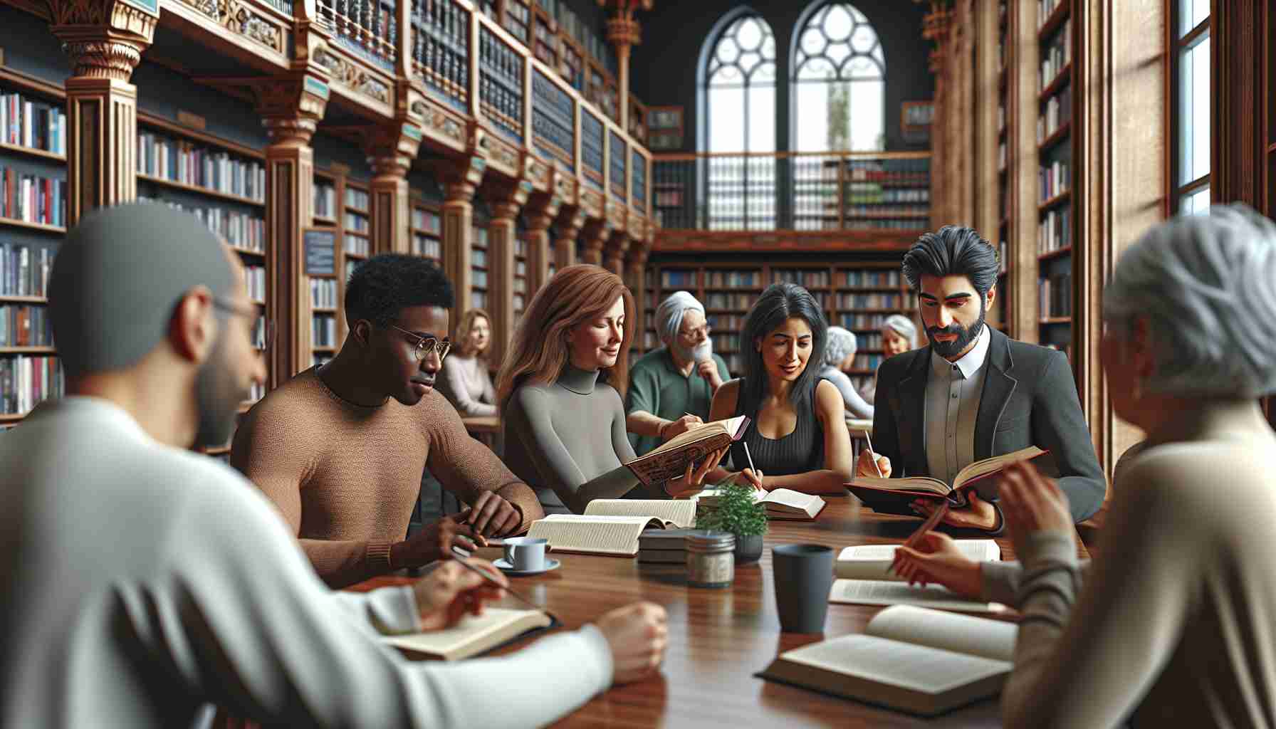 High-definition, realistic image of a community book club event taking place at a public library in Norway. Capture the scene with a diverse mix of people involved - a Caucasian woman leading the discussion, a Black man sharing his insights, a Hispanic lady flipping through the pages, a Middle-Eastern man engrossed in a deep thought, and a South Asian woman jotting down notes. Incorporate elements of Norwegian architecture and cultural cues in the library design for authenticity.