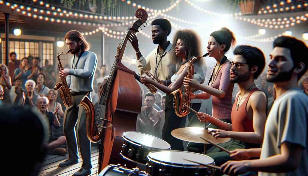 An HD realistic image depicting a diverse local jazz ensemble that includes a Caucasian female saxophonist, Black male drummer, Middle-Eastern female pianist, and a Hispanic male double bass player. They are visibly in the middle of an energetic performance, with expressions of passion and focus seen vividly on their faces. The setting is a buzzing community celebration, with well-lit festive decorations and a captivated, diverse crowd of onlookers. The atmosphere is filled with excitement and appreciation for the music being played, as the audience responds with joy, applause, and dancing to the distinctive tunes of jazz.