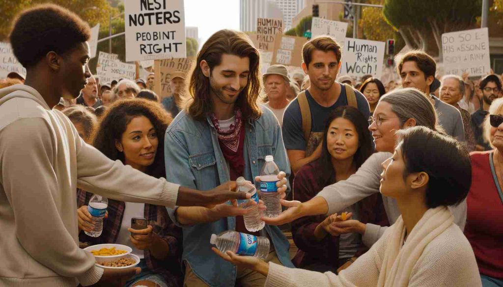 Generate a high-definition, realistic image depicting a scene of unexpected acts of kindness at a local demonstration. The scene includes diverse people of various racial backgrounds and genders. A Hispanic woman is seen sharing water and snacks with fellow demonstrators, including a South Asian man and a Black woman. There is also a Caucasian man offering first aid to a Middle-Eastern woman. The signboards carry human rights messages, underlining the peaceful nature of the demonstration. The photo captures the spirit of unity and mutual support, radiating positivity in contrast with the otherwise tense atmosphere.