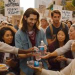 Generate a high-definition, realistic image depicting a scene of unexpected acts of kindness at a local demonstration. The scene includes diverse people of various racial backgrounds and genders. A Hispanic woman is seen sharing water and snacks with fellow demonstrators, including a South Asian man and a Black woman. There is also a Caucasian man offering first aid to a Middle-Eastern woman. The signboards carry human rights messages, underlining the peaceful nature of the demonstration. The photo captures the spirit of unity and mutual support, radiating positivity in contrast with the otherwise tense atmosphere.